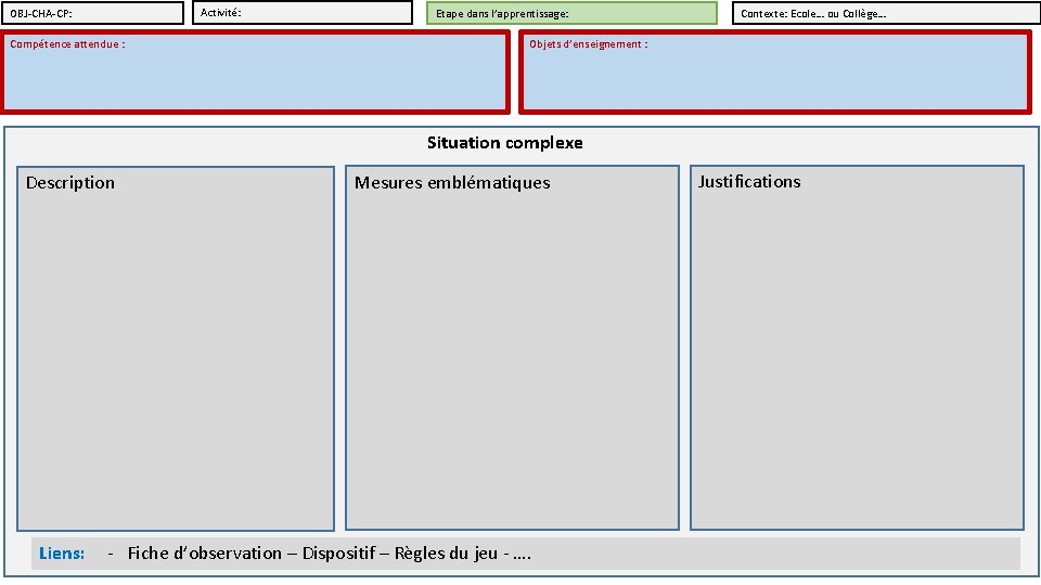 OBJ-CHA-CP: Activité: Etape dans l’apprentissage: Compétence attendue : Objets d’enseignement : Contexte: Ecole… ou