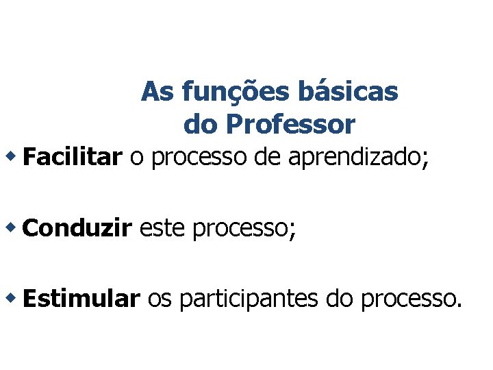 As funções básicas do Professor w Facilitar o processo de aprendizado; w Conduzir este