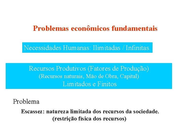 Problemas econômicos fundamentais Necessidades Humanas: Ilimitadas / Infinitas. Versus Recursos Produtivos (Fatores de Produção)