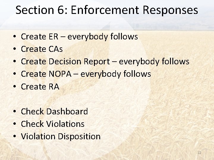 Section 6: Enforcement Responses • • • Create ER – everybody follows Create CAs