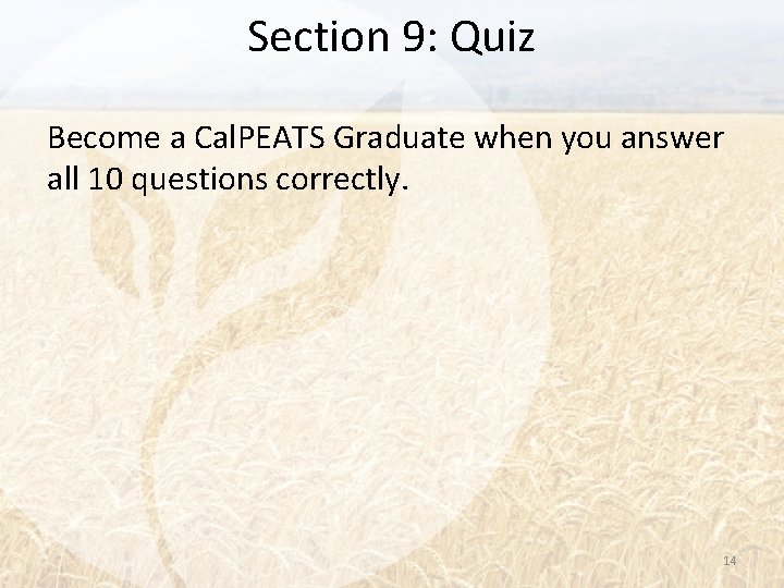 Section 9: Quiz Become a Cal. PEATS Graduate when you answer all 10 questions