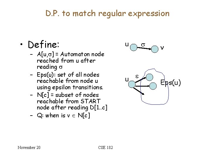 D. P. to match regular expression • Define: u – A[u, ] = Automaton