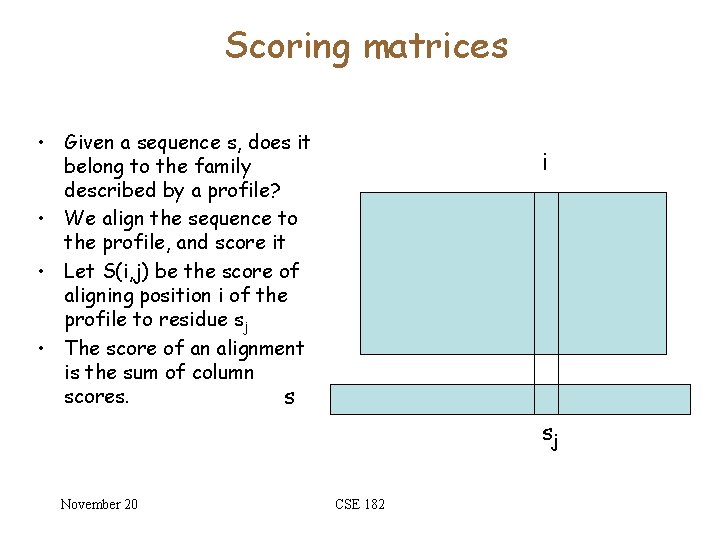 Scoring matrices • Given a sequence s, does it belong to the family described