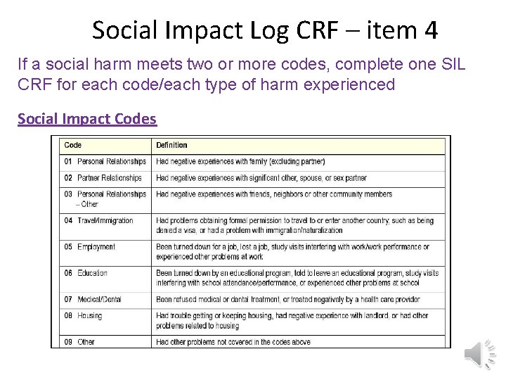 Social Impact Log CRF – item 4 If a social harm meets two or