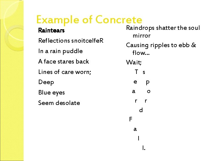 Example of Concrete Raintears Reflections snoitcelfe. R In a rain puddle A face stares