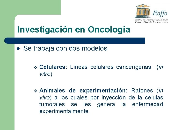 Investigación en Oncología l Se trabaja con dos modelos v Celulares: Líneas celulares cancerígenas