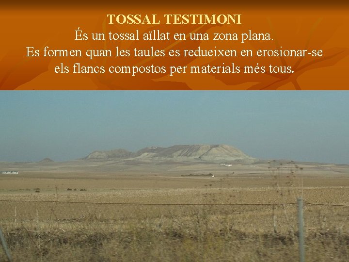TOSSAL TESTIMONI És un tossal aïllat en una zona plana. Es formen quan les