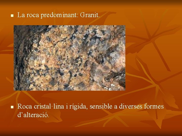 n n La roca predominant: Granit. Roca cristal·lina i rígida, sensible a diverses formes