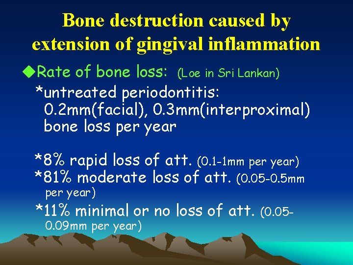 Bone destruction caused by extension of gingival inflammation u. Rate of bone loss: (Loe