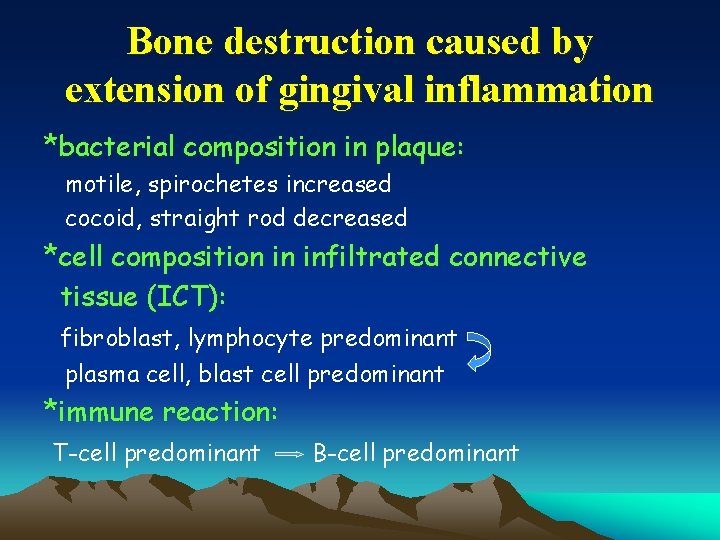 Bone destruction caused by extension of gingival inflammation *bacterial composition in plaque: motile, spirochetes