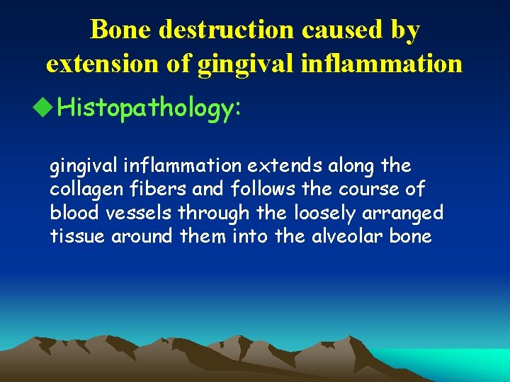 Bone destruction caused by extension of gingival inflammation u. Histopathology: gingival inflammation extends along