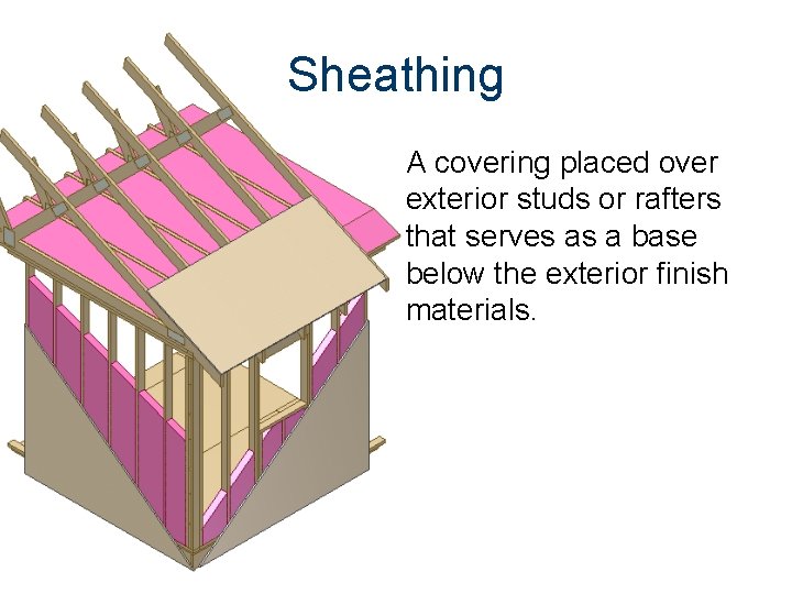 Sheathing A covering placed over exterior studs or rafters that serves as a base