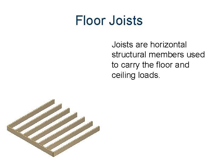 Floor Joists are horizontal structural members used to carry the floor and ceiling loads.