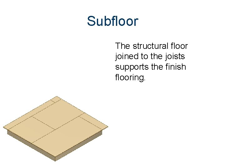 Subfloor The structural floor joined to the joists supports the finish flooring. 