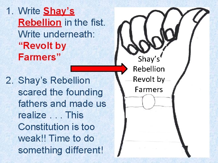 1. Write Shay’s Rebellion in the fist. Write underneath: “Revolt by Farmers” 2. Shay’s