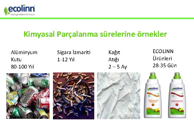 Kimyasal Parçalanma sürelerine örnekler Alüminyum Kutu 80 -100 Yıl Sigara İzmariti 1 -12 Yıl