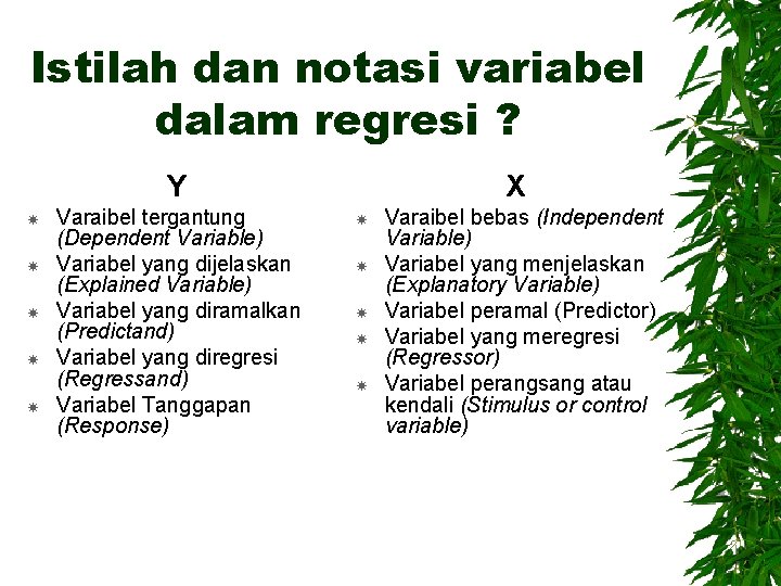 Istilah dan notasi variabel dalam regresi ? Y Varaibel tergantung (Dependent Variable) Variabel yang