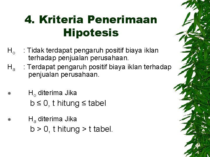 4. Kriteria Penerimaan Hipotesis Ho : Tidak terdapat pengaruh positif biaya iklan terhadap penjualan