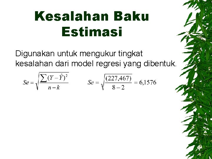 Kesalahan Baku Estimasi Digunakan untuk mengukur tingkat kesalahan dari model regresi yang dibentuk. 