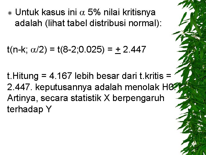  Untuk kasus ini 5% nilai kritisnya adalah (lihat tabel distribusi normal): t(n-k; /2)