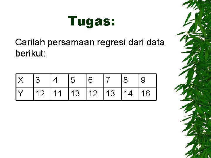 Tugas: Carilah persamaan regresi dari data berikut: X 3 4 5 6 7 8