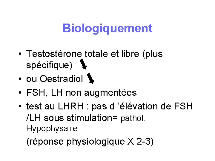 Biologiquement • Testostérone totale et libre (plus spécifique) • ou Oestradiol • FSH, LH Biologiquement • Testostérone totale et libre (plus spécifique) • ou Oestradiol • FSH, LH