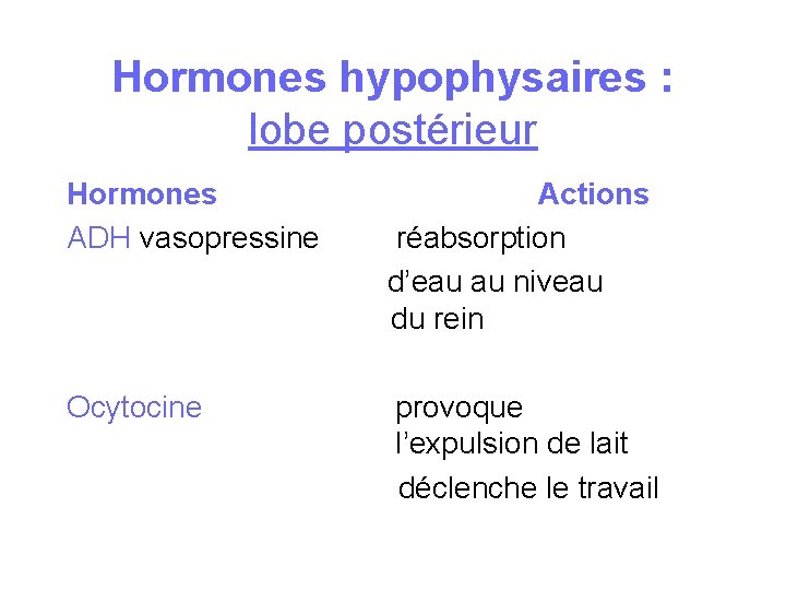 Hormones hypophysaires : lobe postérieur Hormones Actions ADH vasopressine réabsorption d’eau au niveau du Hormones hypophysaires : lobe postérieur Hormones Actions ADH vasopressine réabsorption d’eau au niveau du
