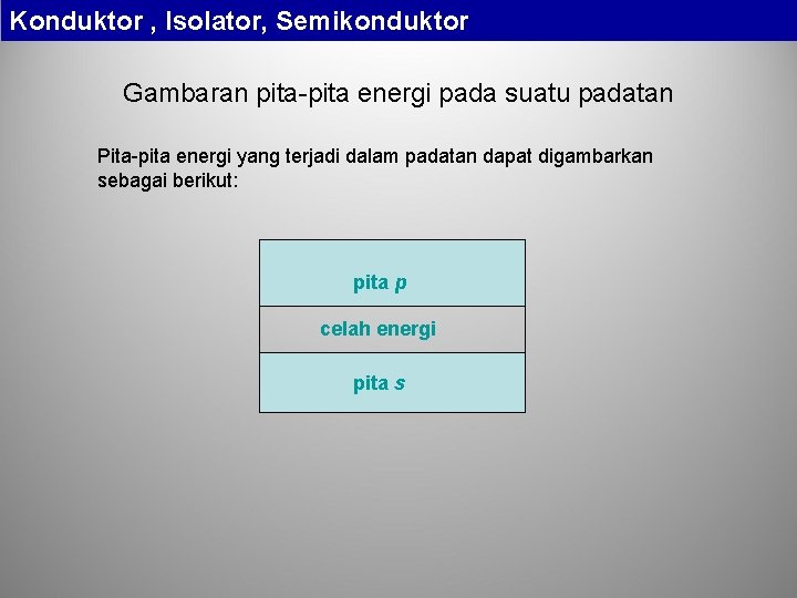 Konduktor , Isolator, Semikonduktor Gambaran pita-pita energi pada suatu padatan Pita-pita energi yang terjadi