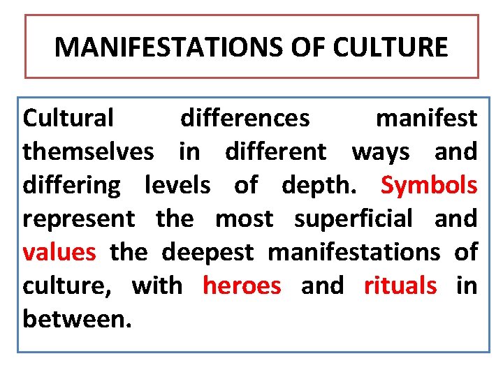 MANIFESTATIONS OF CULTURE Cultural differences manifest themselves in different ways and differing levels of