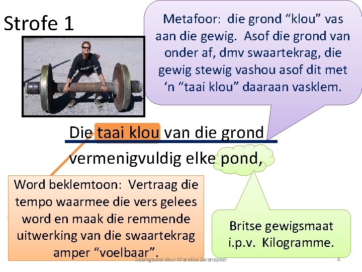 Strofe 1 Metafoor: die grond “klou” vas aan die gewig. Asof die grond van
