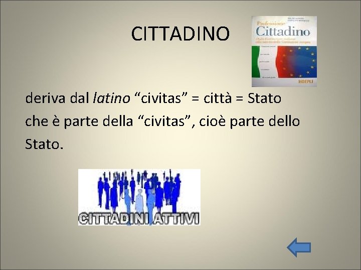 CITTADINO deriva dal latino “civitas” = città = Stato che è parte della “civitas”,