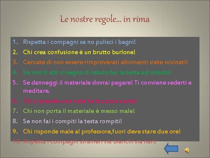 Le nostre regole… in rima 1. 2. 3. 4. 5. Rispetta i compagni se