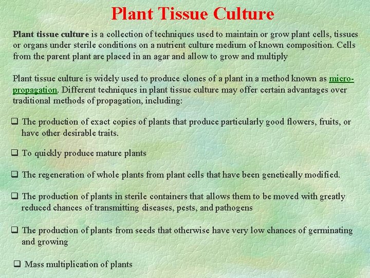 Plant Tissue Culture Plant tissue culture is a collection of techniques used to maintain