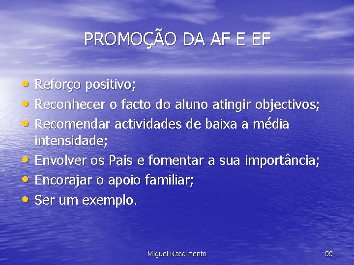 PROMOÇÃO DA AF E EF • Reforço positivo; • Reconhecer o facto do aluno