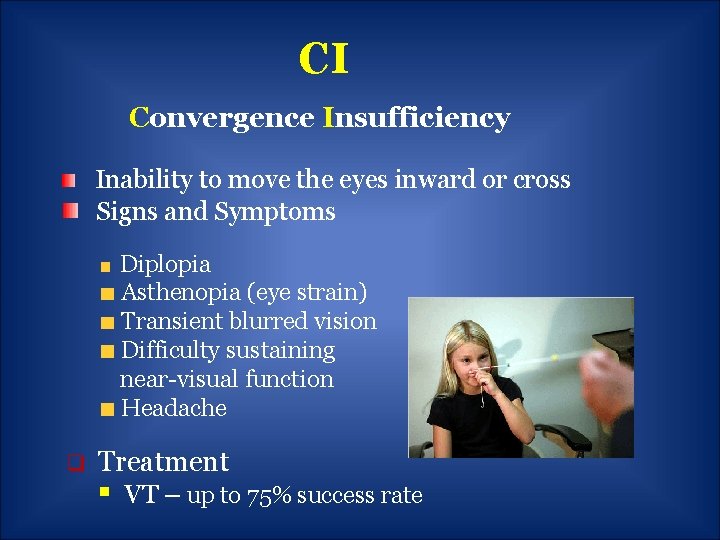 CI Convergence Insufficiency Inability to move the eyes inward or cross Signs and Symptoms