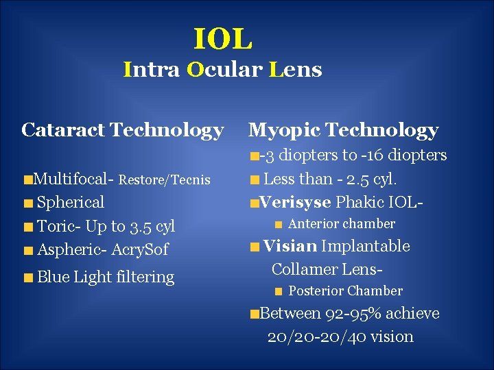 IOL Intra Ocular Lens Cataract Technology Multifocal- Restore/Tecnis Spherical Toric- Up to 3. 5