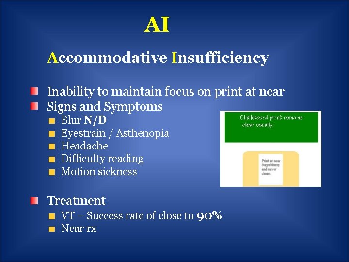 AI Accommodative Insufficiency Inability to maintain focus on print at near Signs and Symptoms