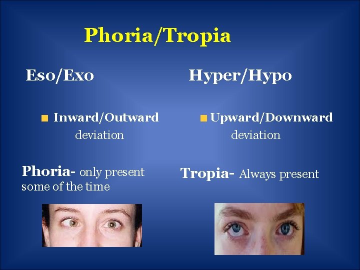 Phoria/Tropia Eso/Exo Inward/Outward deviation Hyper/Hypo Upward/Downward deviation Phoria- only present some of the time