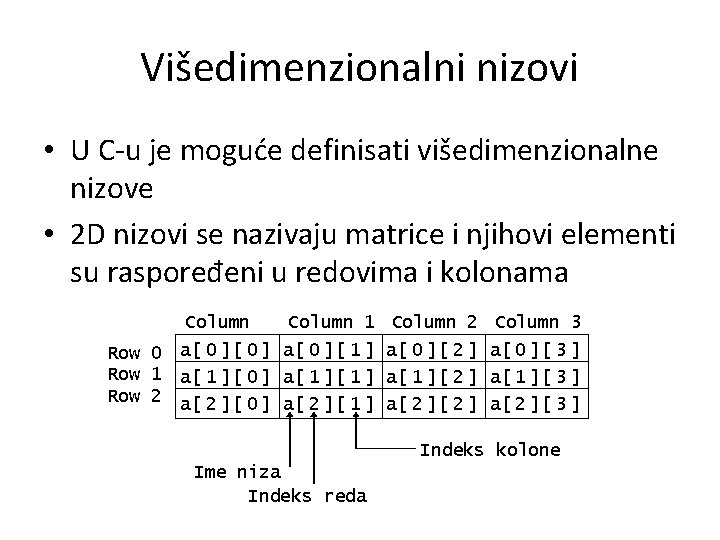 Višedimenzionalni nizovi • U C-u je moguće definisati višedimenzionalne nizove • 2 D nizovi