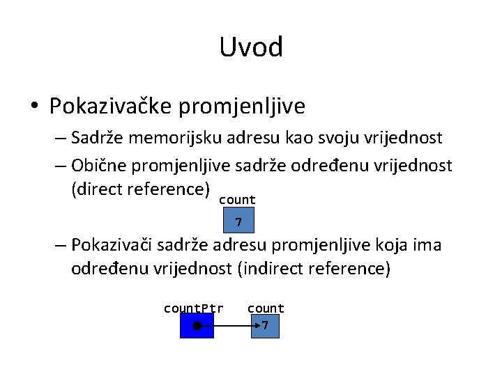 Uvod • Pokazivačke promjenljive – Sadrže memorijsku adresu kao svoju vrijednost – Obične promjenljive