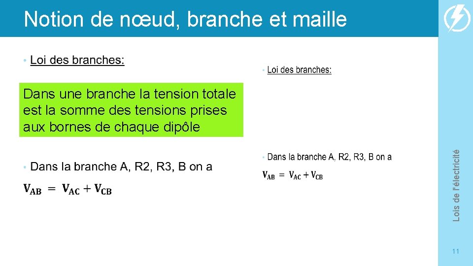 Notion de nœud, branche et maille • Lois de l'électricité Dans une branche la