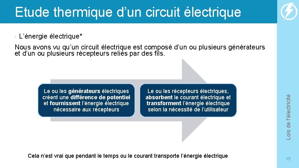 Etude thermique d’un circuit électrique • L’énergie électrique* Le ou les générateurs électriques créent