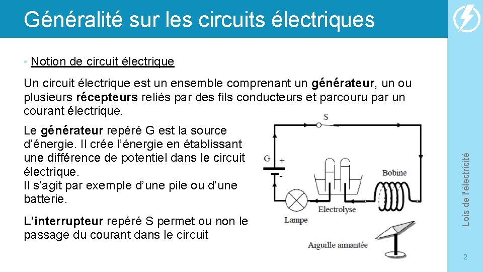 Généralité sur les circuits électriques • Notion de circuit électrique Le générateur repéré G