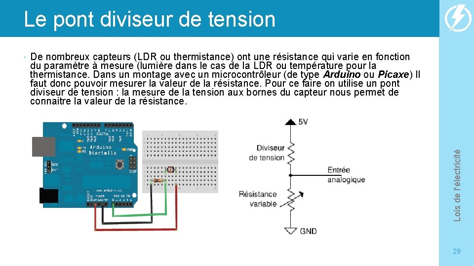 Le pont diviseur de tension De nombreux capteurs (LDR ou thermistance) ont une résistance