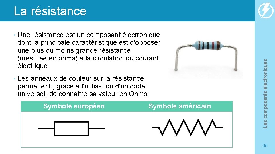  • Une résistance est un composant électronique dont la principale caractéristique est d'opposer