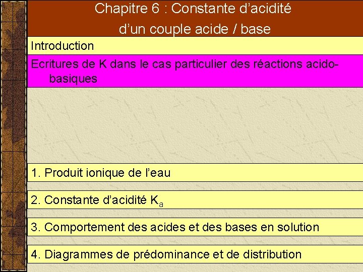 Chapitre 6 : Constante d’acidité d’un couple acide / base Introduction Ecritures de K