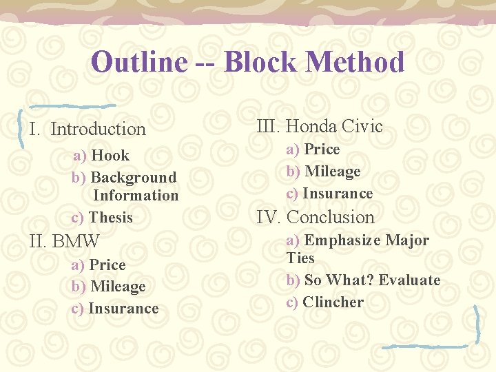 Outline -- Block Method I. Introduction a) Hook b) Background Information c) Thesis II.