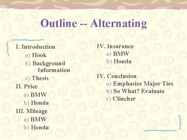 Outline -- Alternating I. Introduction a) Hook b) Background Information c) Thesis II. Price