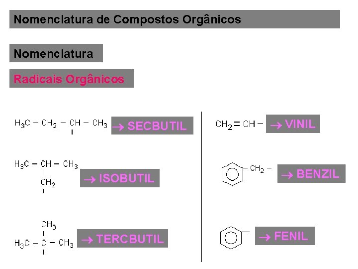 Nomenclatura de Compostos Orgânicos Nomenclatura Radicais Orgânicos SECBUTIL ISOBUTIL TERCBUTIL VINIL BENZIL FENIL 