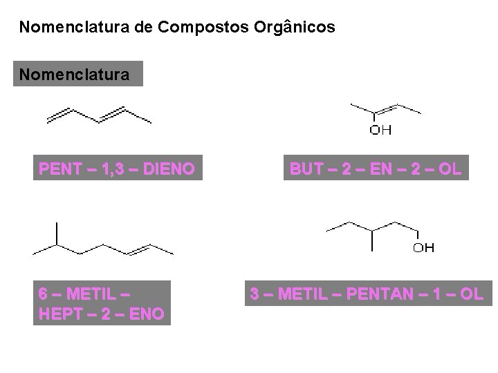 Nomenclatura de Compostos Orgânicos Nomenclatura PENT – 1, 3 – DIENO 6 – METIL